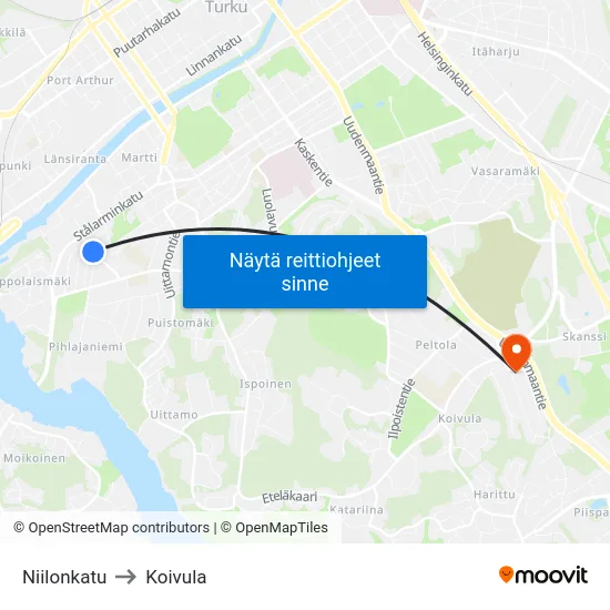 Niilonkatu to Koivula map