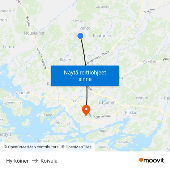 Hyrköinen to Koivula map