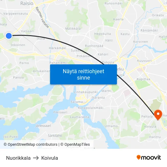 Nuorikkala to Koivula map