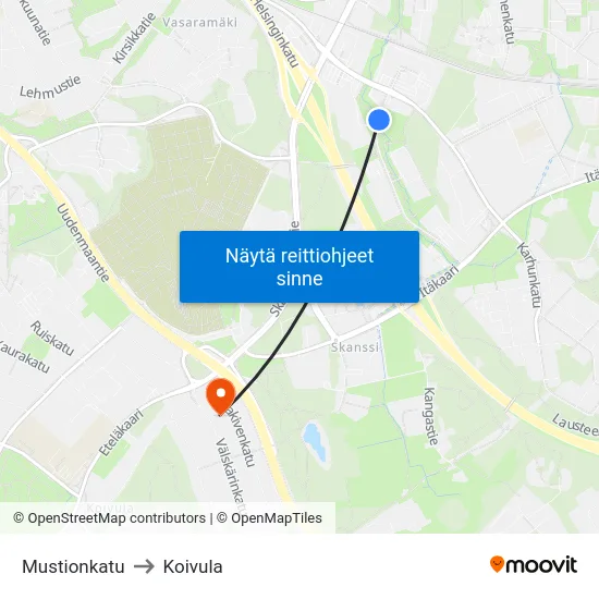 Mustionkatu to Koivula map