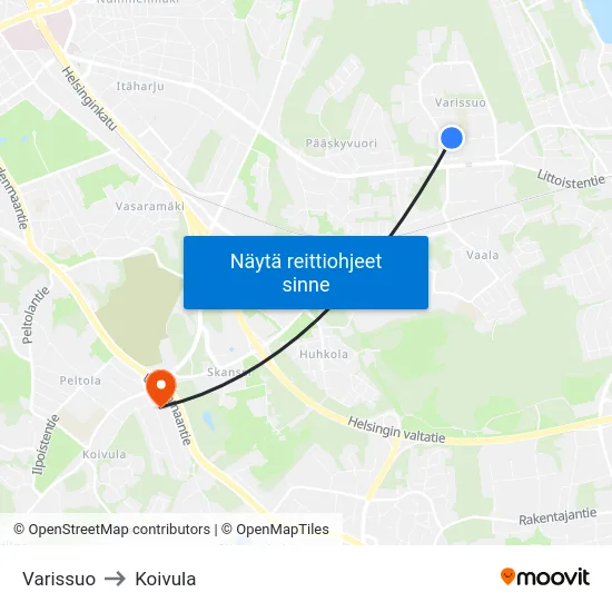 Varissuo to Koivula map