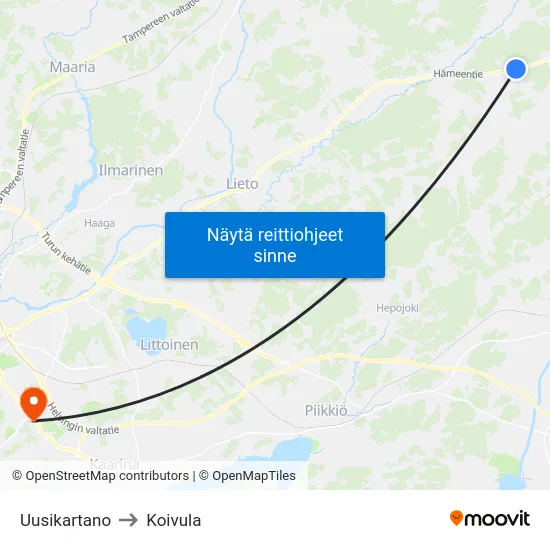 Uusikartano to Koivula map