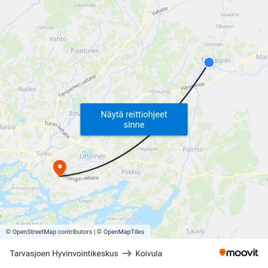 Tarvasjoen Hyvinvointikeskus to Koivula map