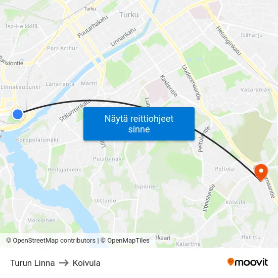 Turun Linna to Koivula map