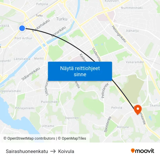 Sairashuoneenkatu to Koivula map