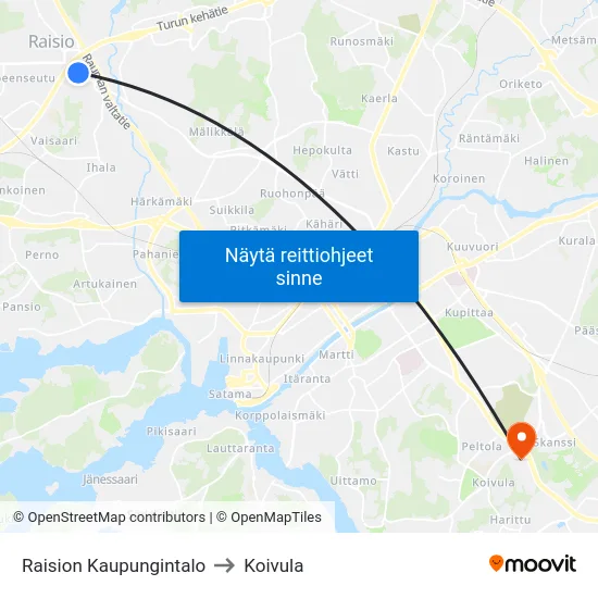 Raision Kaupungintalo to Koivula map