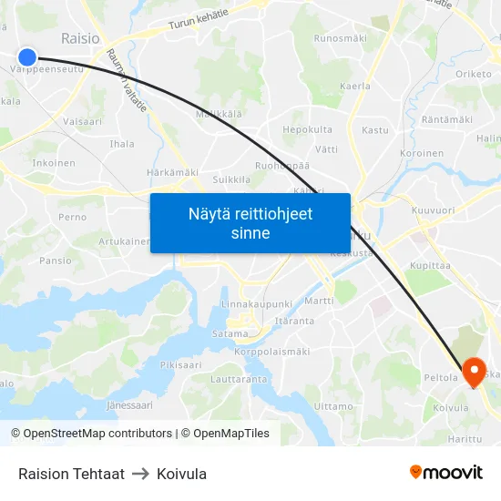 Raision Tehtaat to Koivula map