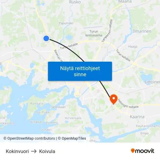 Kokinvuori to Koivula map