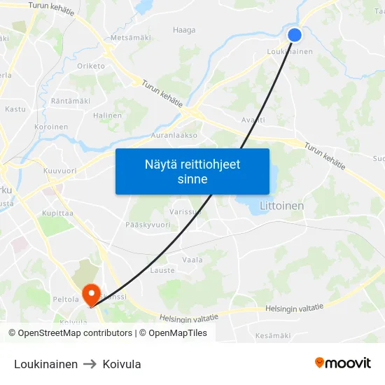 Loukinainen to Koivula map