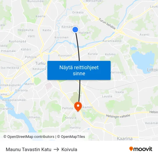 Maunu Tavastin Katu to Koivula map