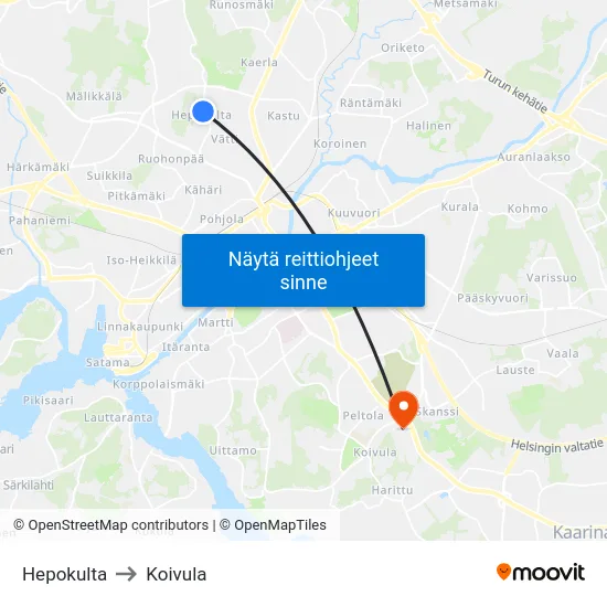 Hepokulta to Koivula map