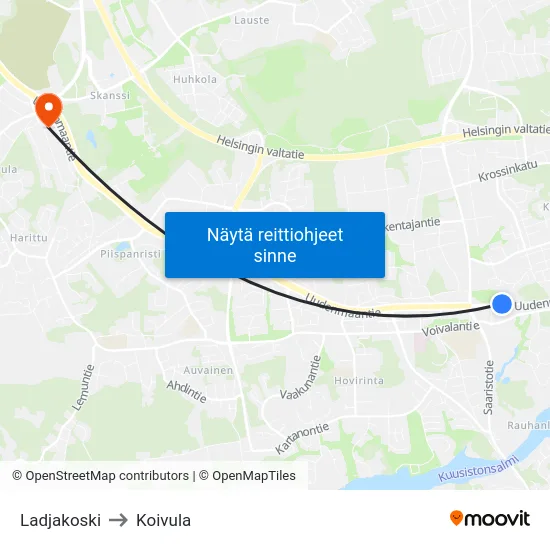 Ladjakoski to Koivula map