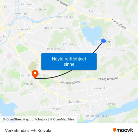 Verkatehdas to Koivula map