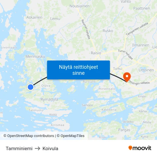 Tamminiemi to Koivula map