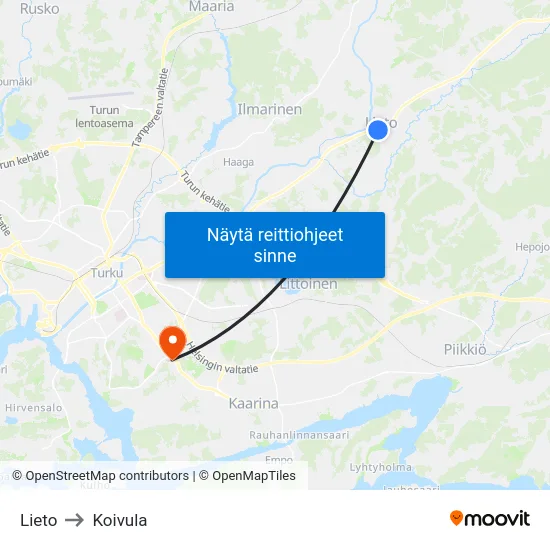 Lieto to Koivula map