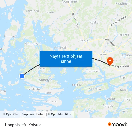 Haapala to Koivula map