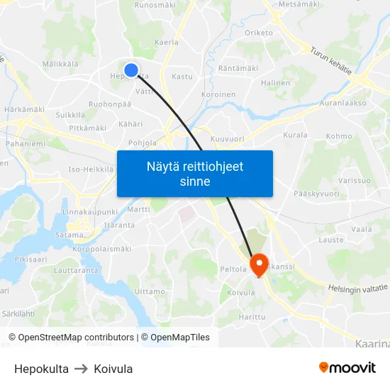 Hepokulta to Koivula map