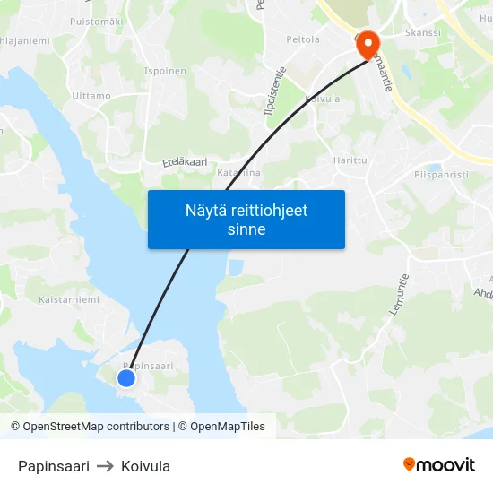 Papinsaari to Koivula map