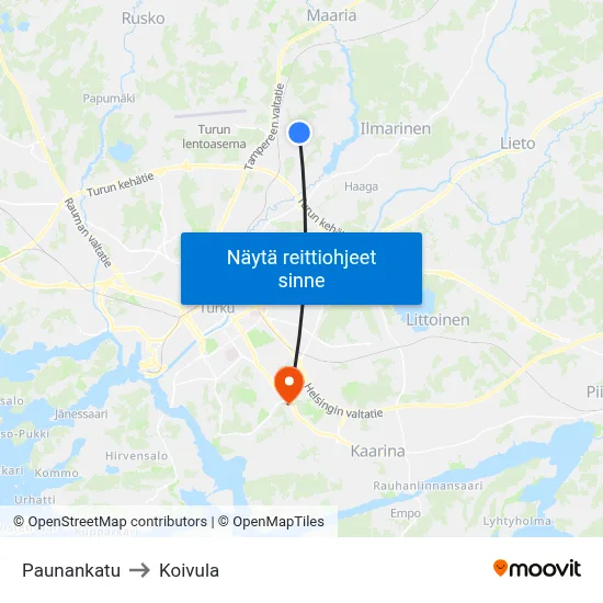 Paunankatu to Koivula map