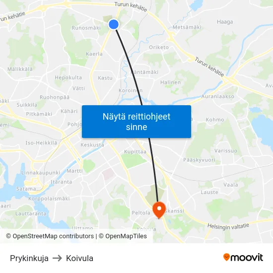 Prykinkuja to Koivula map