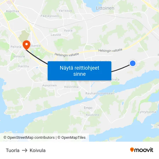 Tuorla to Koivula map