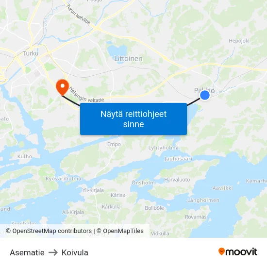 Asematie to Koivula map
