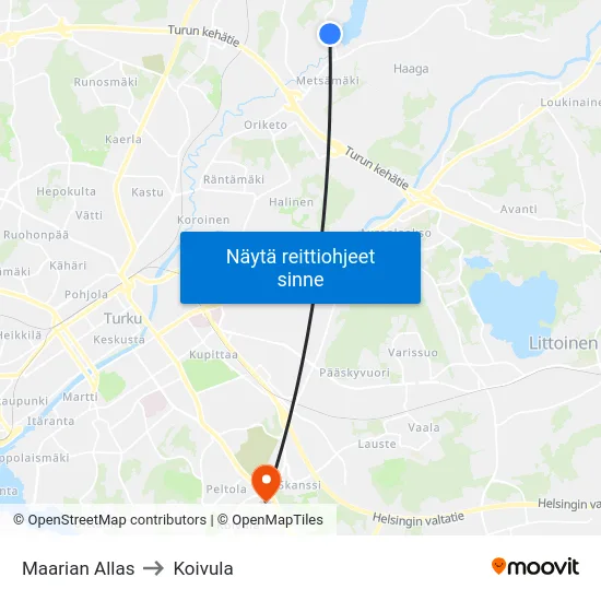 Maarian Allas to Koivula map