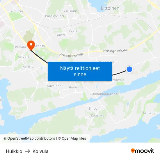 Hulkkio to Koivula map