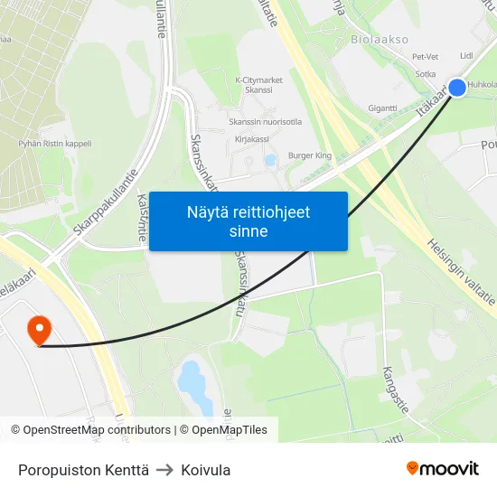 Poropuiston Kenttä to Koivula map
