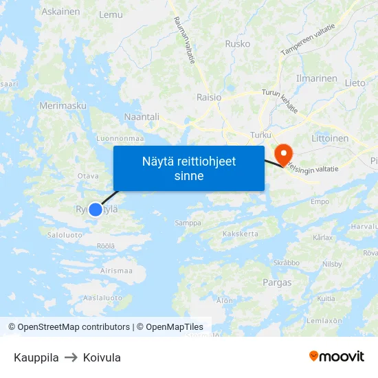 Kauppila to Koivula map