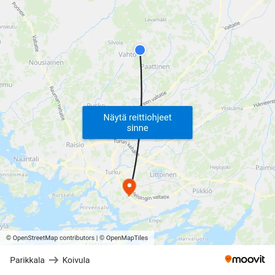Parikkala to Koivula map