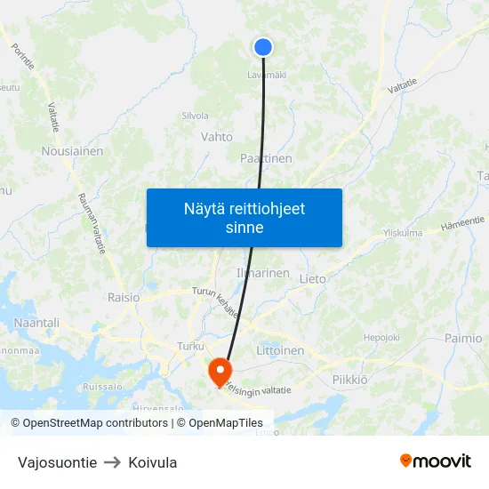 Vajosuontie to Koivula map