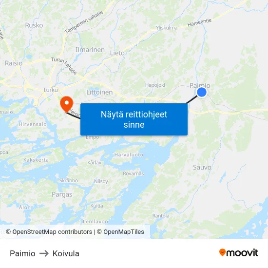 Paimio to Koivula map