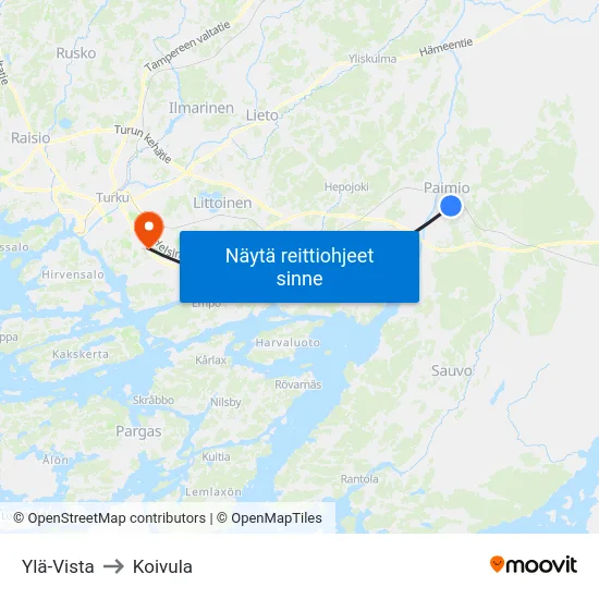 Ylä-Vista to Koivula map