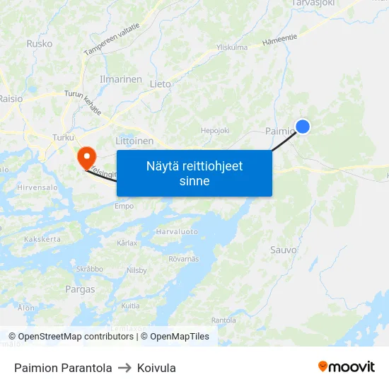 Paimion Parantola to Koivula map