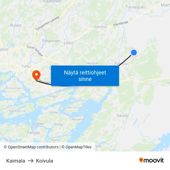 Kaimala to Koivula map