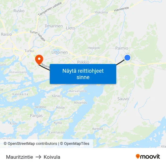 Mauritzintie to Koivula map