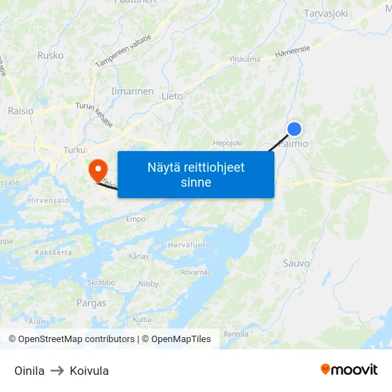 Oinila to Koivula map