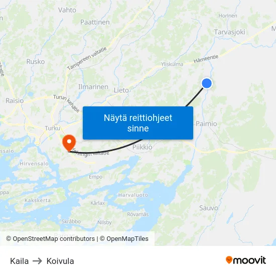 Kaila to Koivula map
