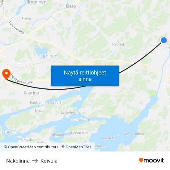 Nakolinna to Koivula map