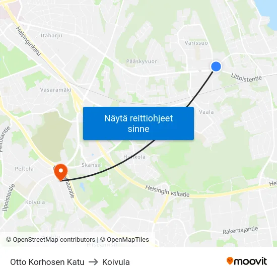 Otto Korhosen Katu [Varissuo] to Koivula map