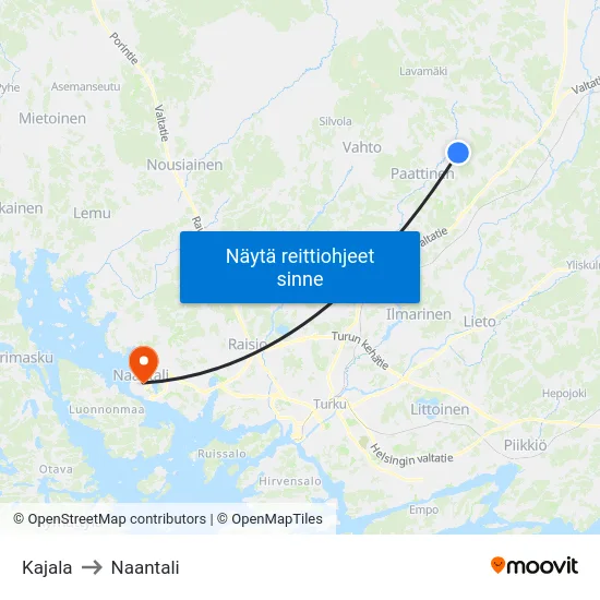 Kajala to Naantali map