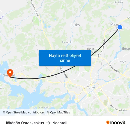 Jäkärlän Ostoskeskus to Naantali map