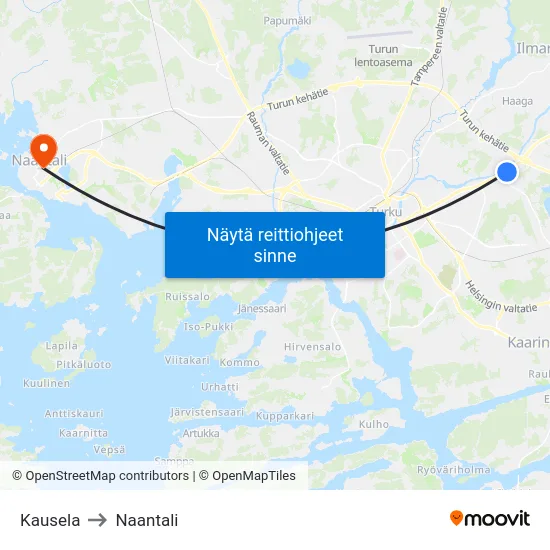 Kausela to Naantali map
