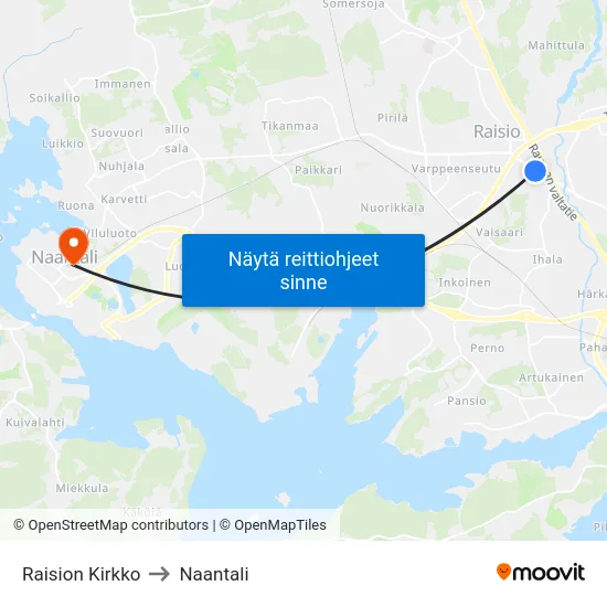 Raision Kirkko to Naantali map