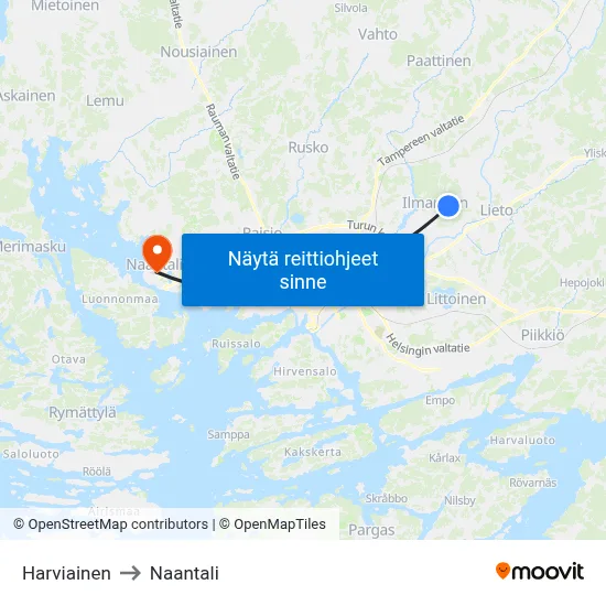 Harviainen to Naantali map