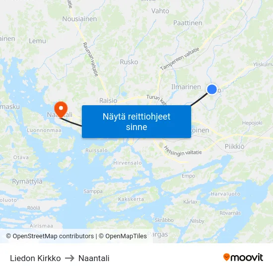 Liedon Kirkko to Naantali map