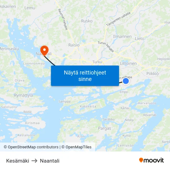 Kesämäki to Naantali map