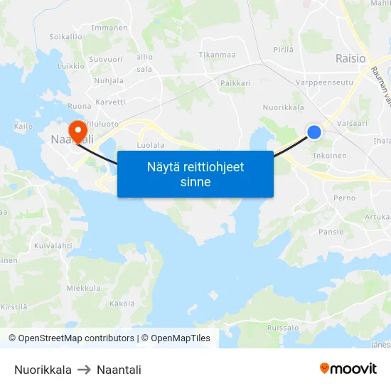 Nuorikkala to Naantali map