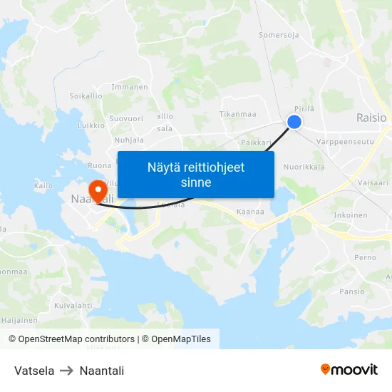 Vatsela to Naantali map